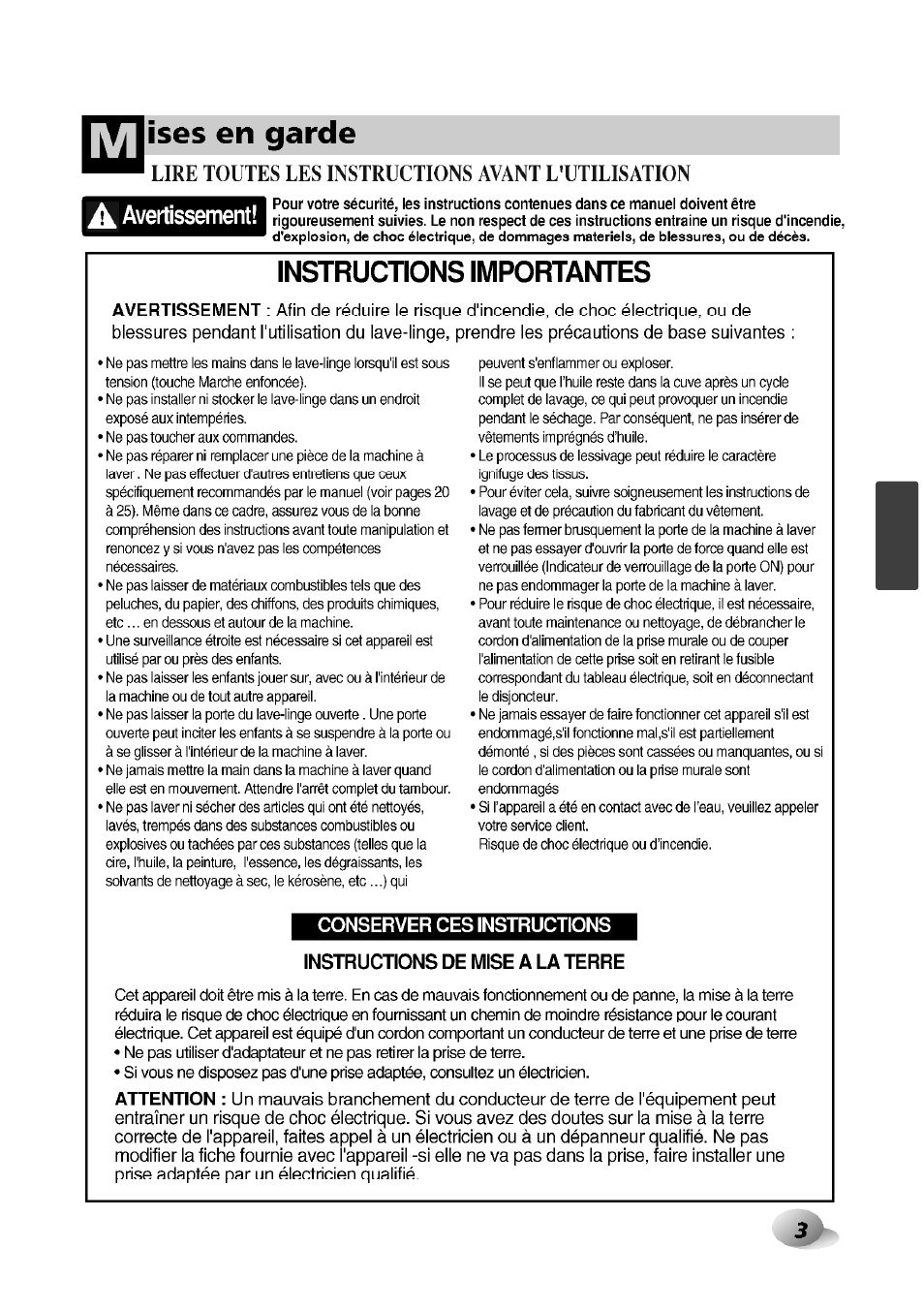 Lire toutes les instructions avant l’utilisation, A avertissement, Instructions importantes | Conserver ces instructions, Instructions de mise a la terre, Ises en garde, Avertissement | LG F1492QD1 User Manual | Page 97 / 158