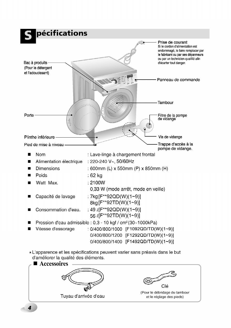 Pécifications, Spécifications | LG F1492QD1 User Manual | Page 98 / 158