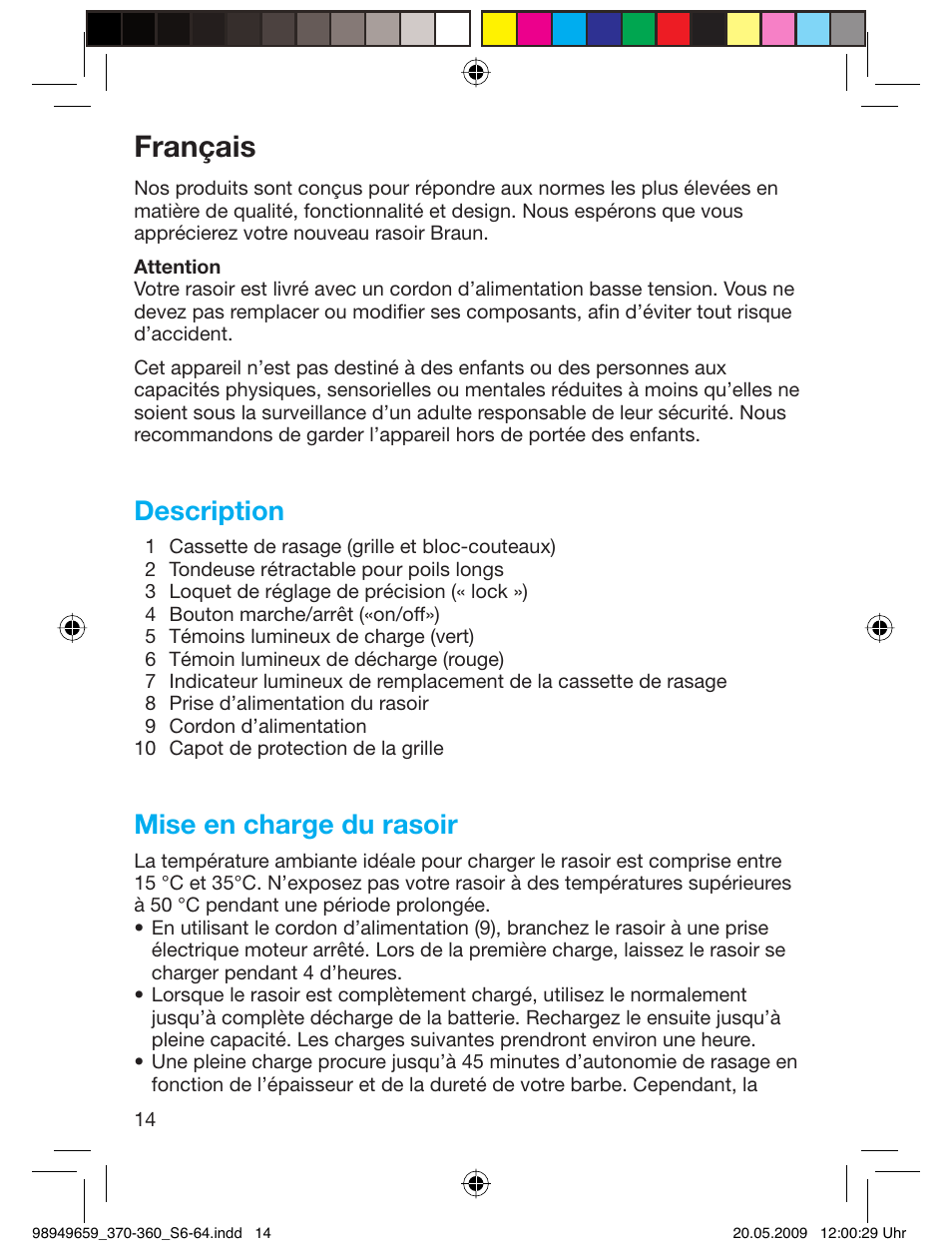 Français, Description, Mise en charge du rasoir | Braun 370-5774 Series 3 User Manual | Page 13 / 61
