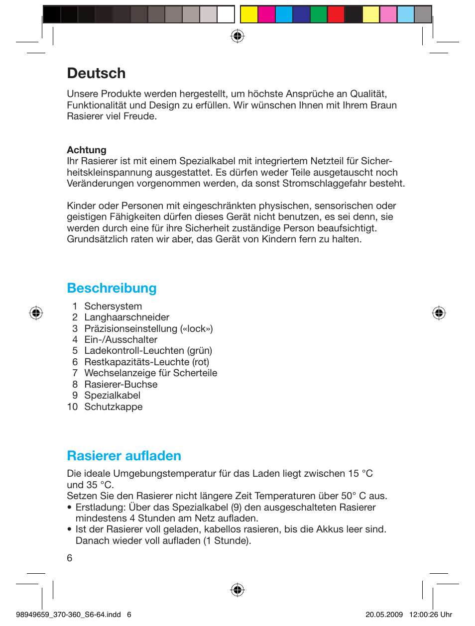 Deutsch, Beschreibung, Rasierer aufladen | Braun 370-5774 Series 3 User Manual | Page 5 / 61