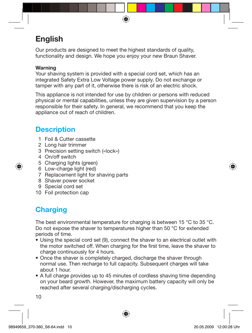 English, Description, Charging | Braun 370-5774 Series 3 User Manual | Page 9 / 61