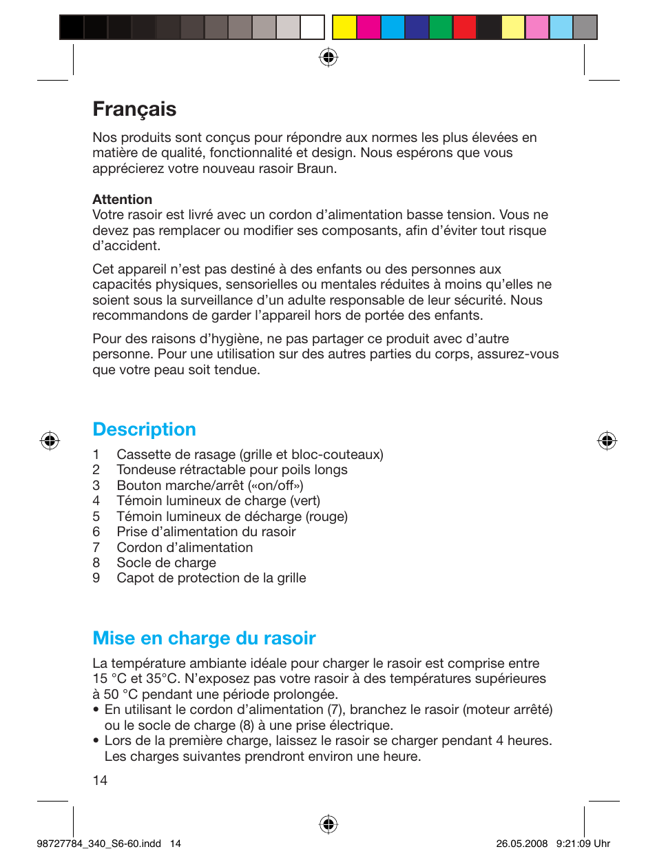 Français, Description, Mise en charge du rasoir | Braun 340-5775 Series 3 User Manual | Page 13 / 56