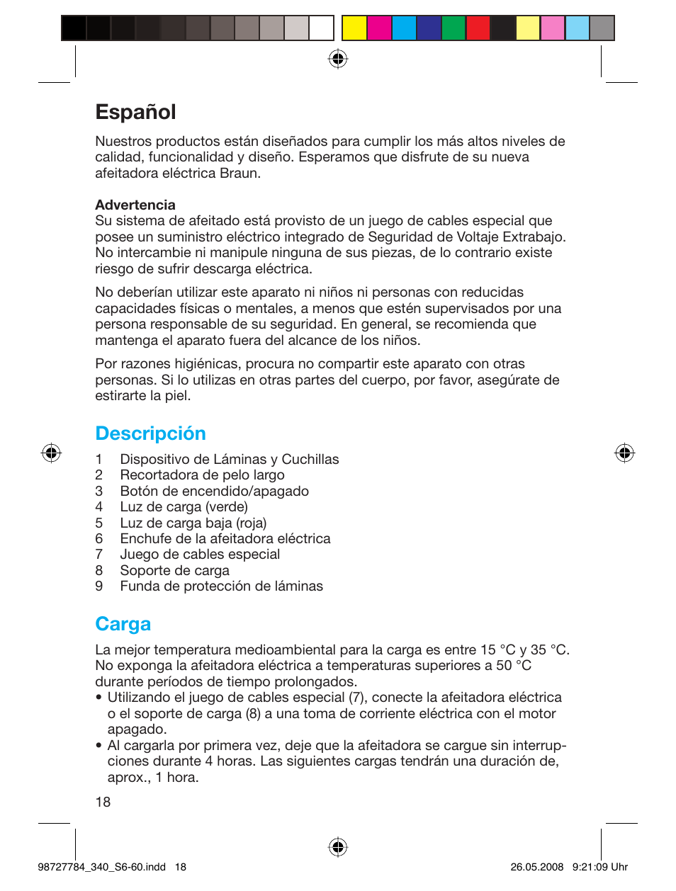 Español, Descripción, Carga | Braun 340-5775 Series 3 User Manual | Page 17 / 56