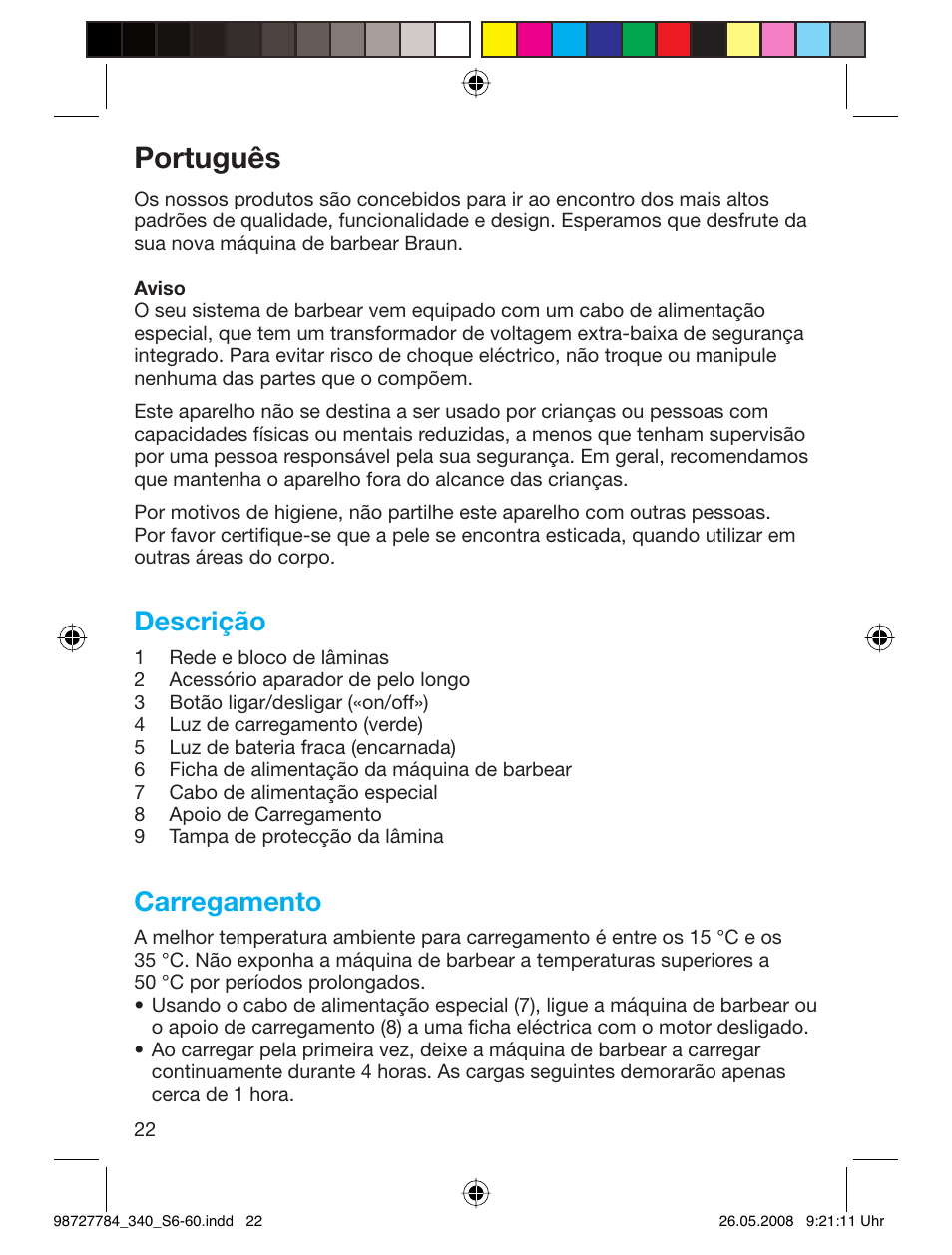 Português, Descrição, Carregamento | Braun 340-5775 Series 3 User Manual | Page 21 / 56