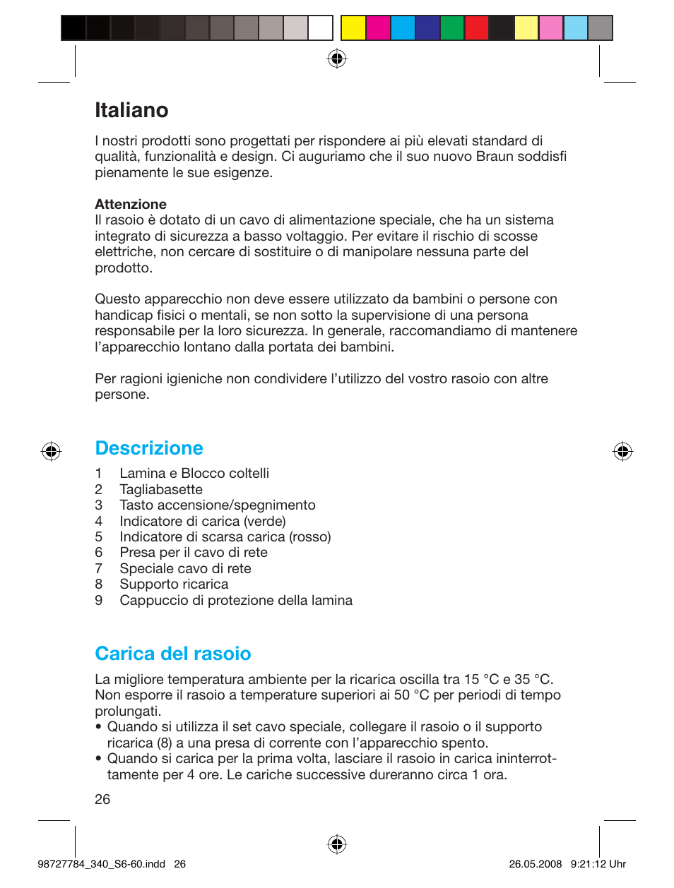 Italiano, Descrizione, Carica del rasoio | Braun 340-5775 Series 3 User Manual | Page 25 / 56