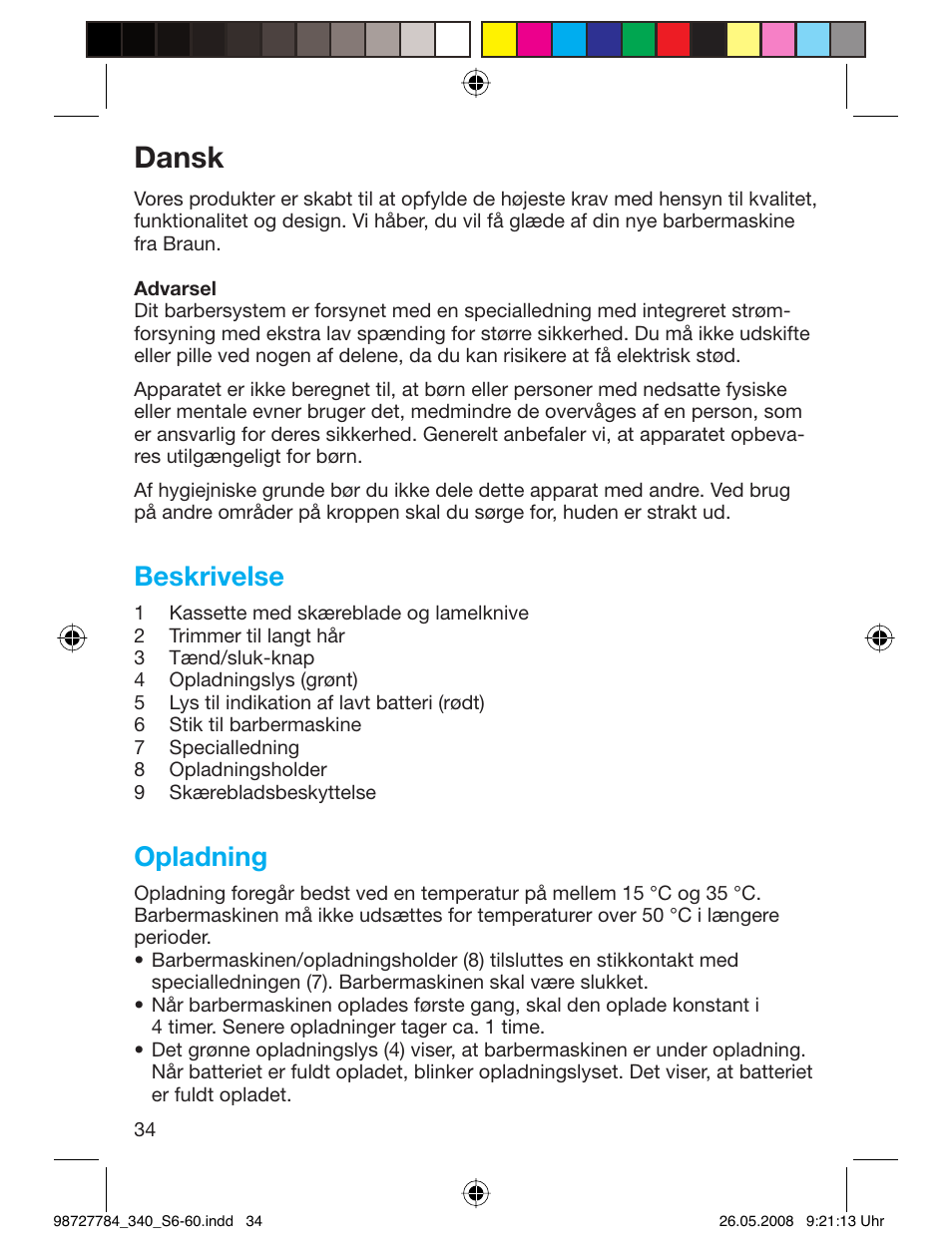 Dansk, Beskrivelse, Opladning | Braun 340-5775 Series 3 User Manual | Page 33 / 56