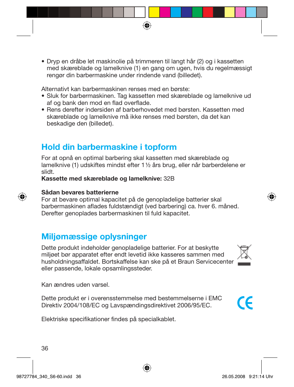 Hold din barbermaskine i topform, Miljømæssige oplysninger | Braun 340-5775 Series 3 User Manual | Page 35 / 56