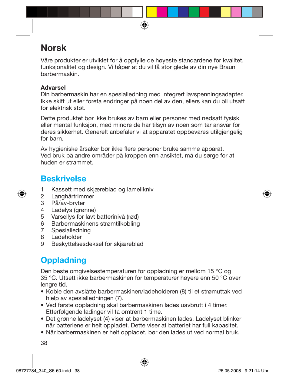 Norsk, Beskrivelse, Oppladning | Braun 340-5775 Series 3 User Manual | Page 37 / 56