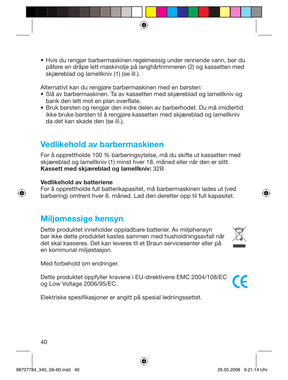 Vedlikehold av barbermaskinen, Miljømessige hensyn | Braun 340-5775 Series 3 User Manual | Page 39 / 56