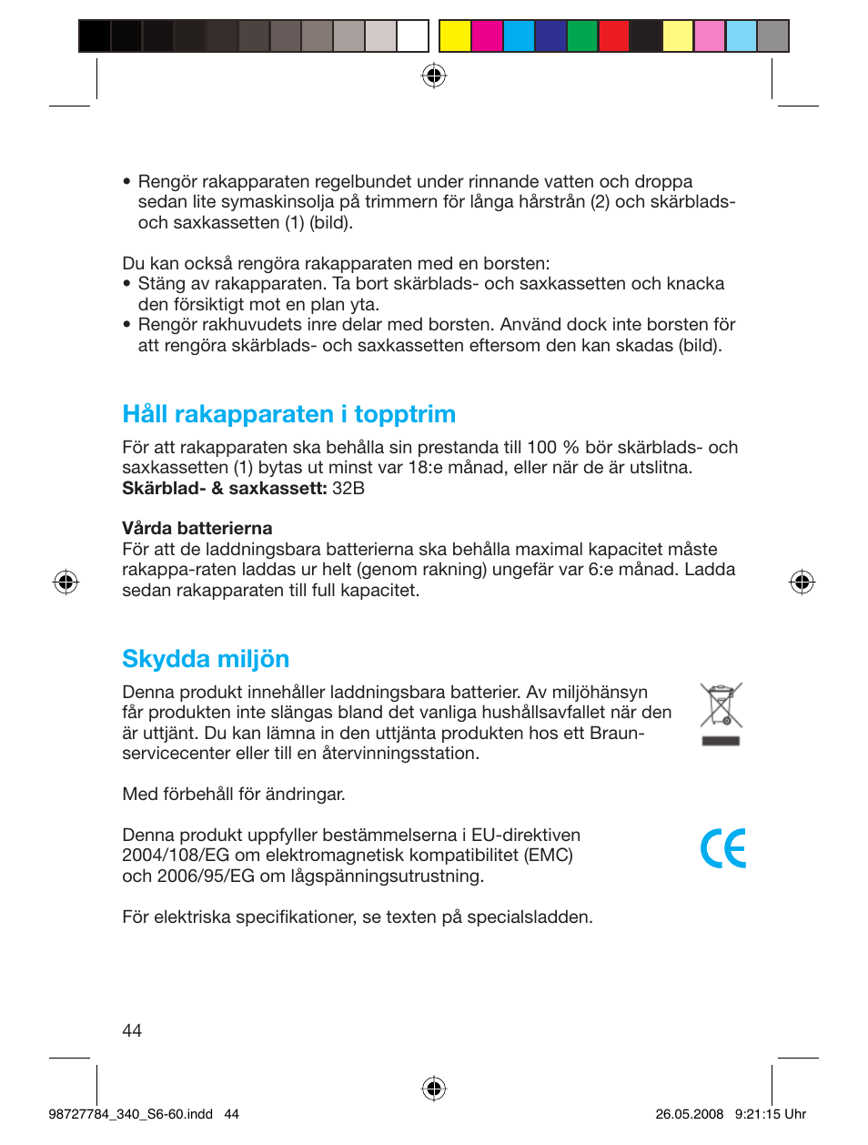 Håll rakapparaten i topptrim, Skydda miljön | Braun 340-5775 Series 3 User Manual | Page 43 / 56