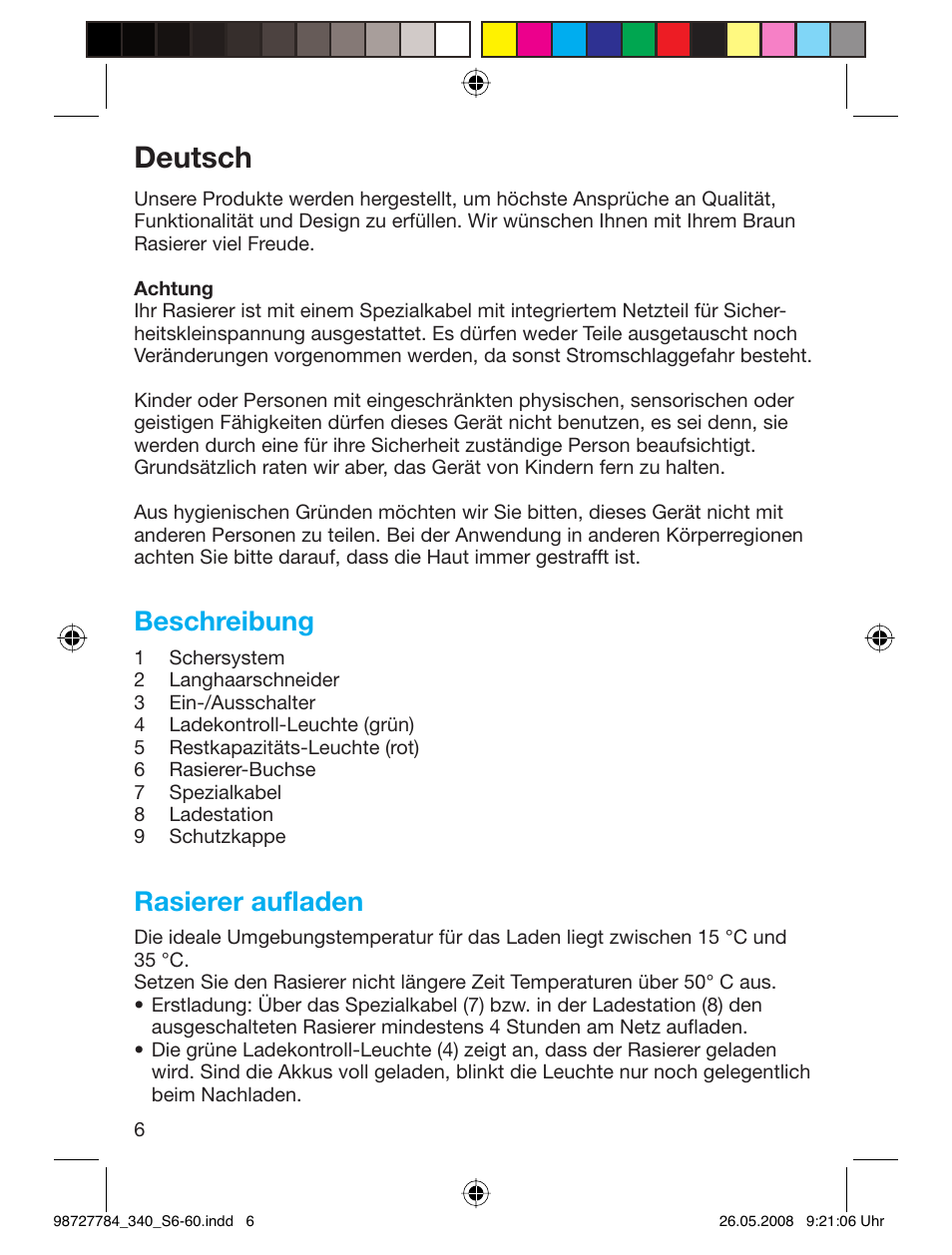 Deutsch, Beschreibung, Rasierer aufladen | Braun 340-5775 Series 3 User Manual | Page 5 / 56