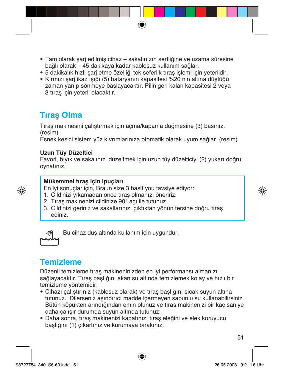 Tıraş olma, Temizleme | Braun 340-5775 Series 3 User Manual | Page 50 / 56