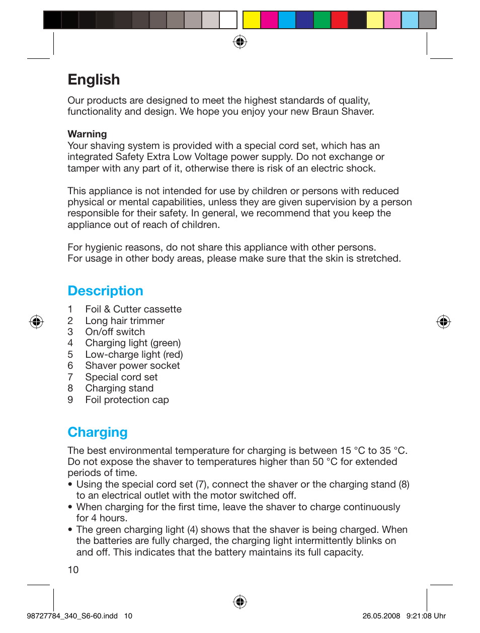 English, Description, Charging | Braun 340-5775 Series 3 User Manual | Page 9 / 56