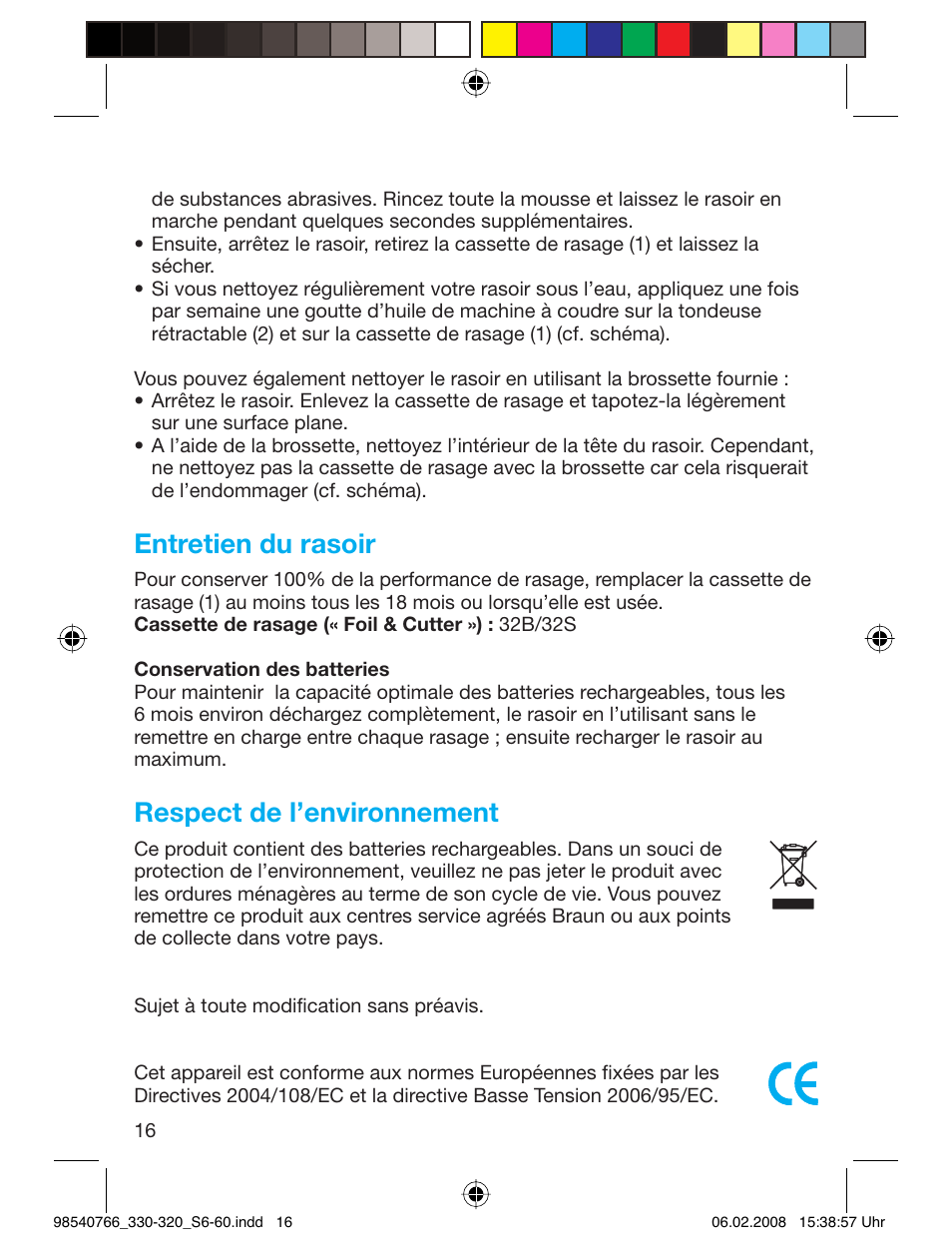 Entretien du rasoir, Respect de l’environnement | Braun 320 Series 3 User Manual | Page 15 / 57