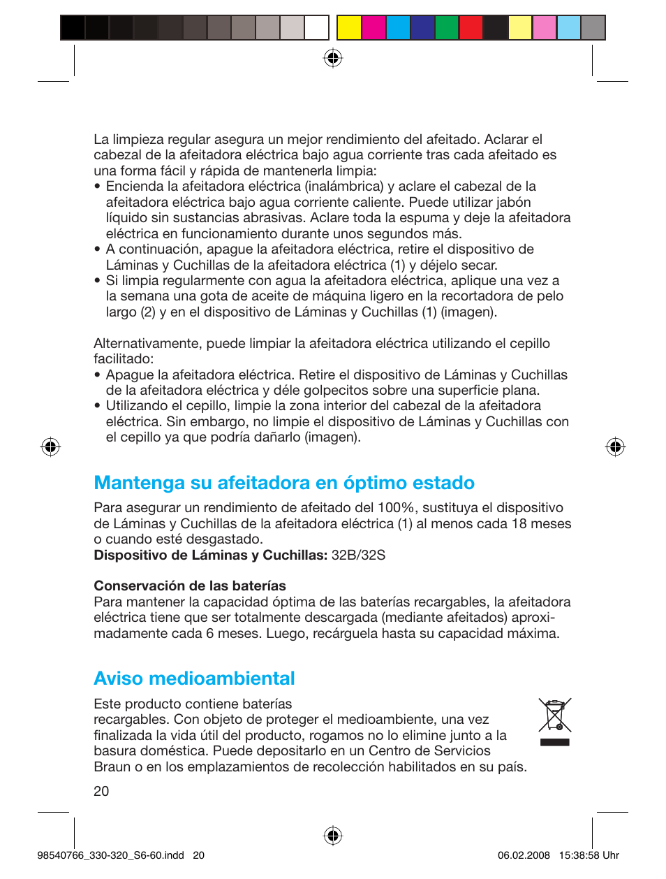 Mantenga su afeitadora en óptimo estado, Aviso medioambiental | Braun 320 Series 3 User Manual | Page 19 / 57