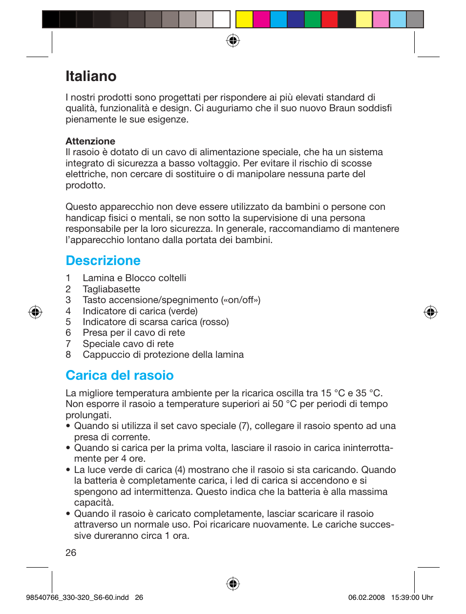 Italiano, Descrizione, Carica del rasoio | Braun 320 Series 3 User Manual | Page 25 / 57