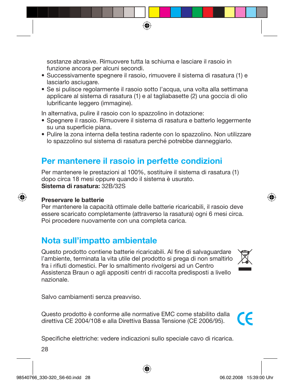 Per mantenere il rasoio in perfette condizioni, Nota sull’impatto ambientale | Braun 320 Series 3 User Manual | Page 27 / 57