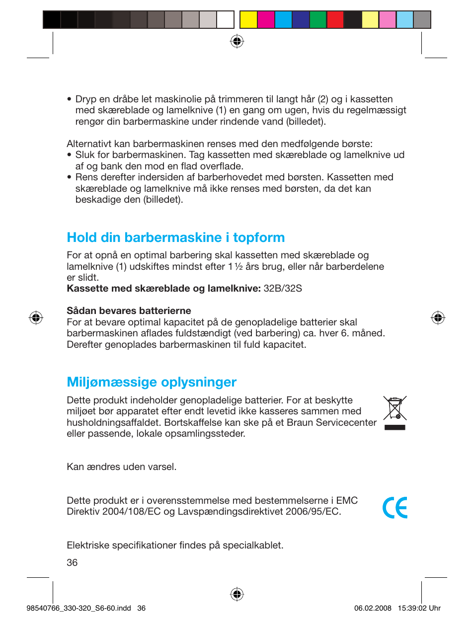 Hold din barbermaskine i topform, Miljømæssige oplysninger | Braun 320 Series 3 User Manual | Page 35 / 57