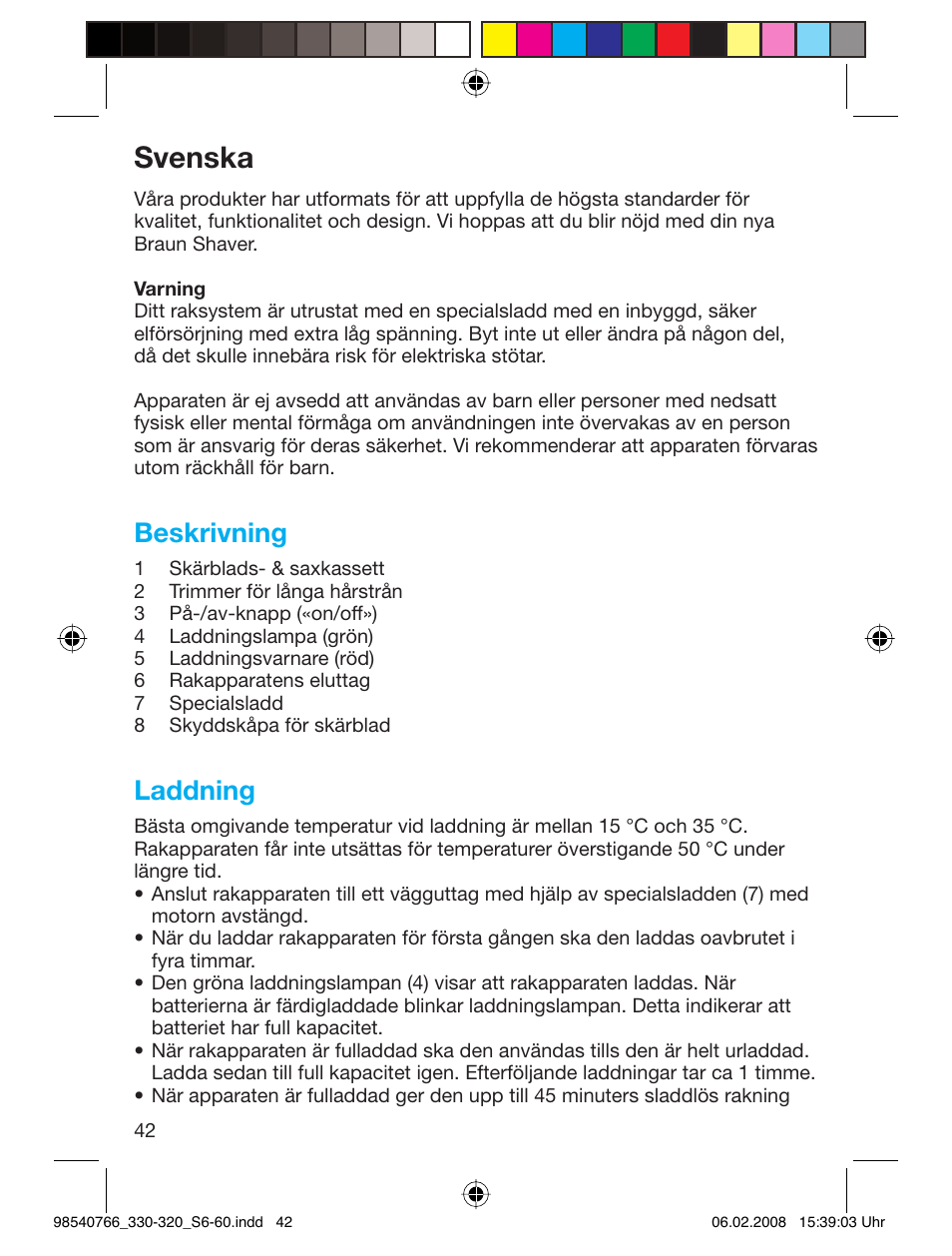 Svenska, Beskrivning, Laddning | Braun 320 Series 3 User Manual | Page 41 / 57