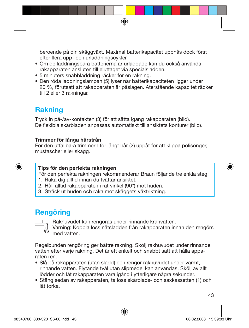 Rakning, Rengöring | Braun 320 Series 3 User Manual | Page 42 / 57