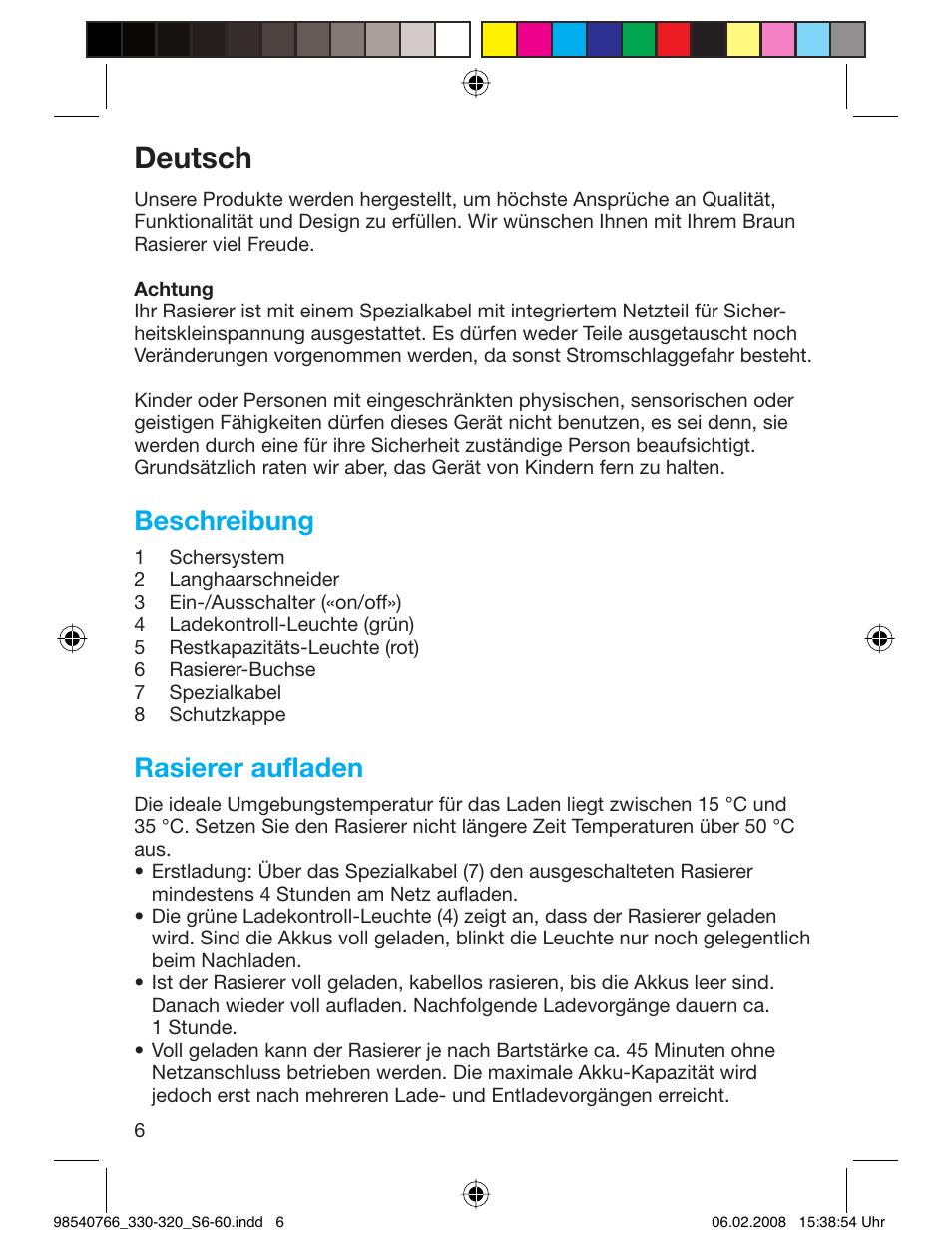 Deutsch, Beschreibung, Rasierer aufladen | Braun 320 Series 3 User Manual | Page 5 / 57