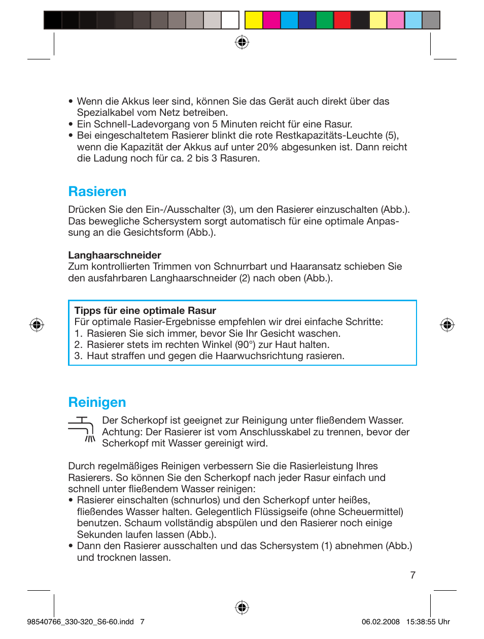 Rasieren, Reinigen | Braun 320 Series 3 User Manual | Page 6 / 57