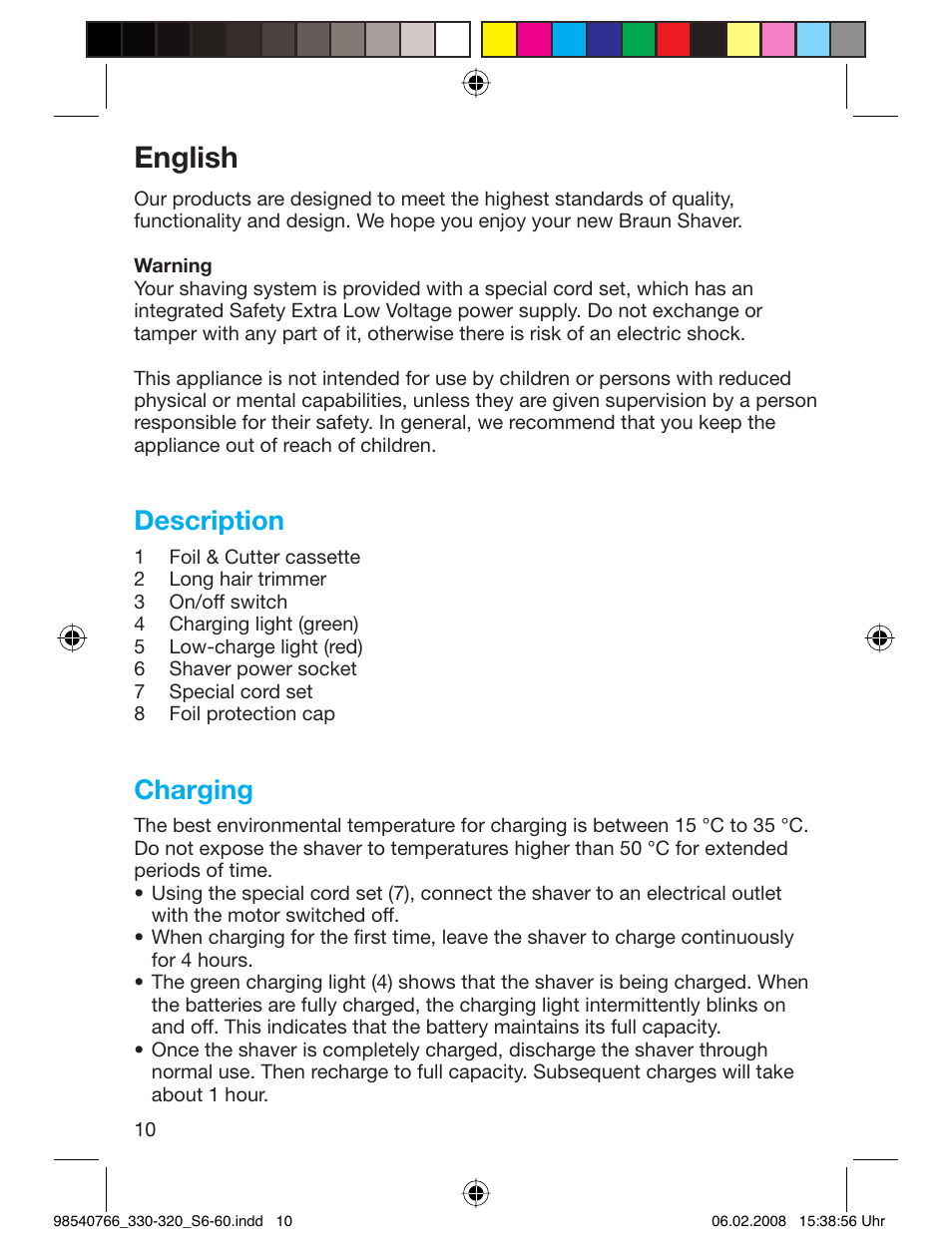 English, Description, Charging | Braun 320 Series 3 User Manual | Page 9 / 57