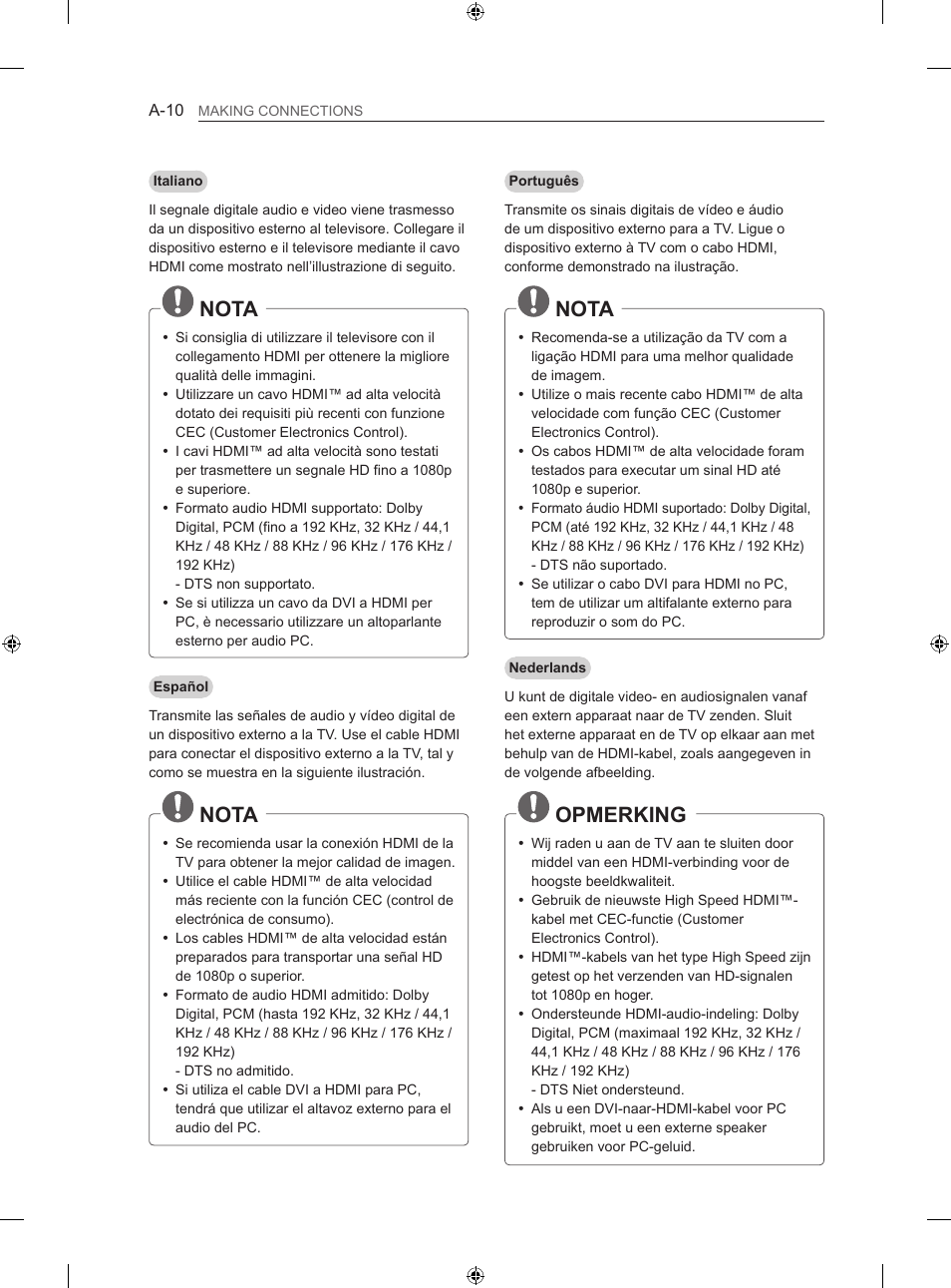 Nota, Opmerking | LG 42LN5406 User Manual | Page 10 / 256