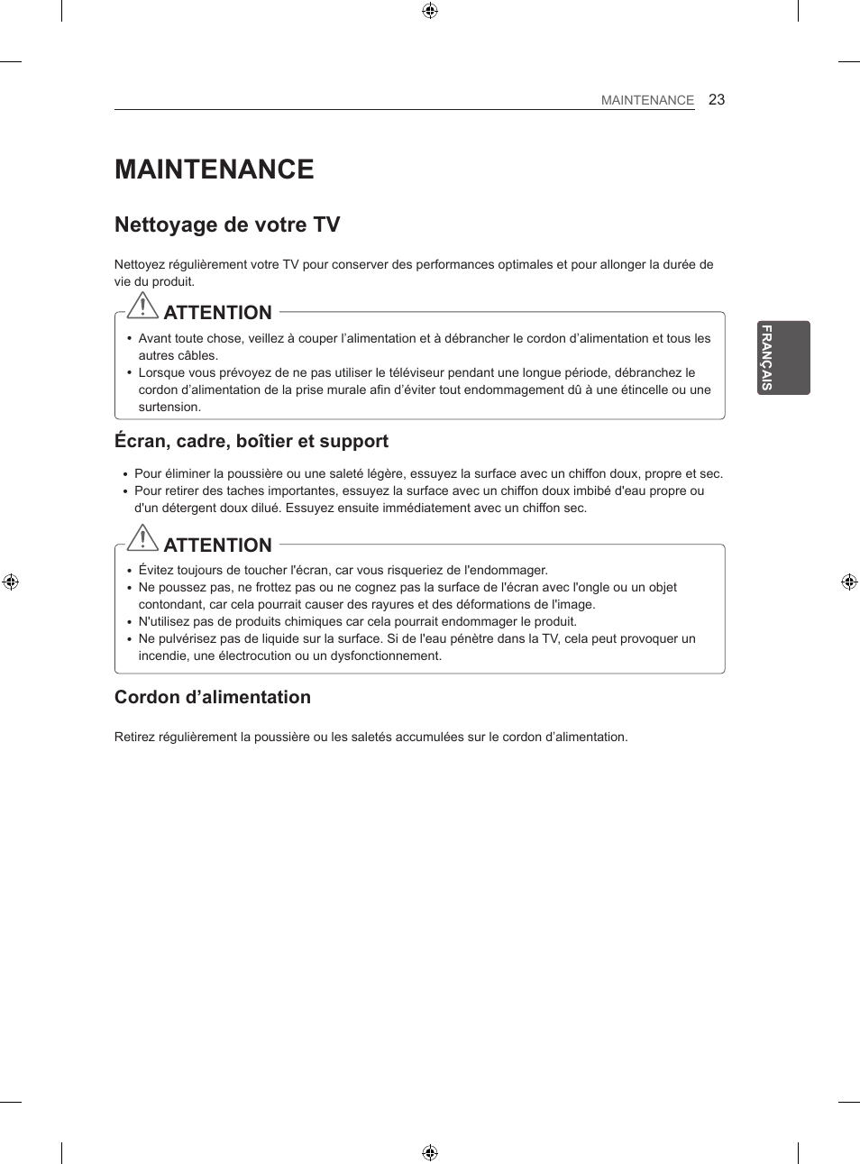 Maintenance, Nettoyage de votre tv, Attention | Écran, cadre, boîtier et support, Cordon d’alimentation | LG 42LN5406 User Manual | Page 101 / 256