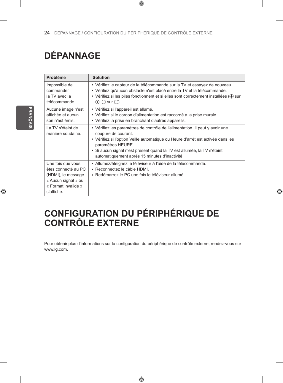 Dépannage, Configuration du périphérique de contrôle externe | LG 42LN5406 User Manual | Page 102 / 256