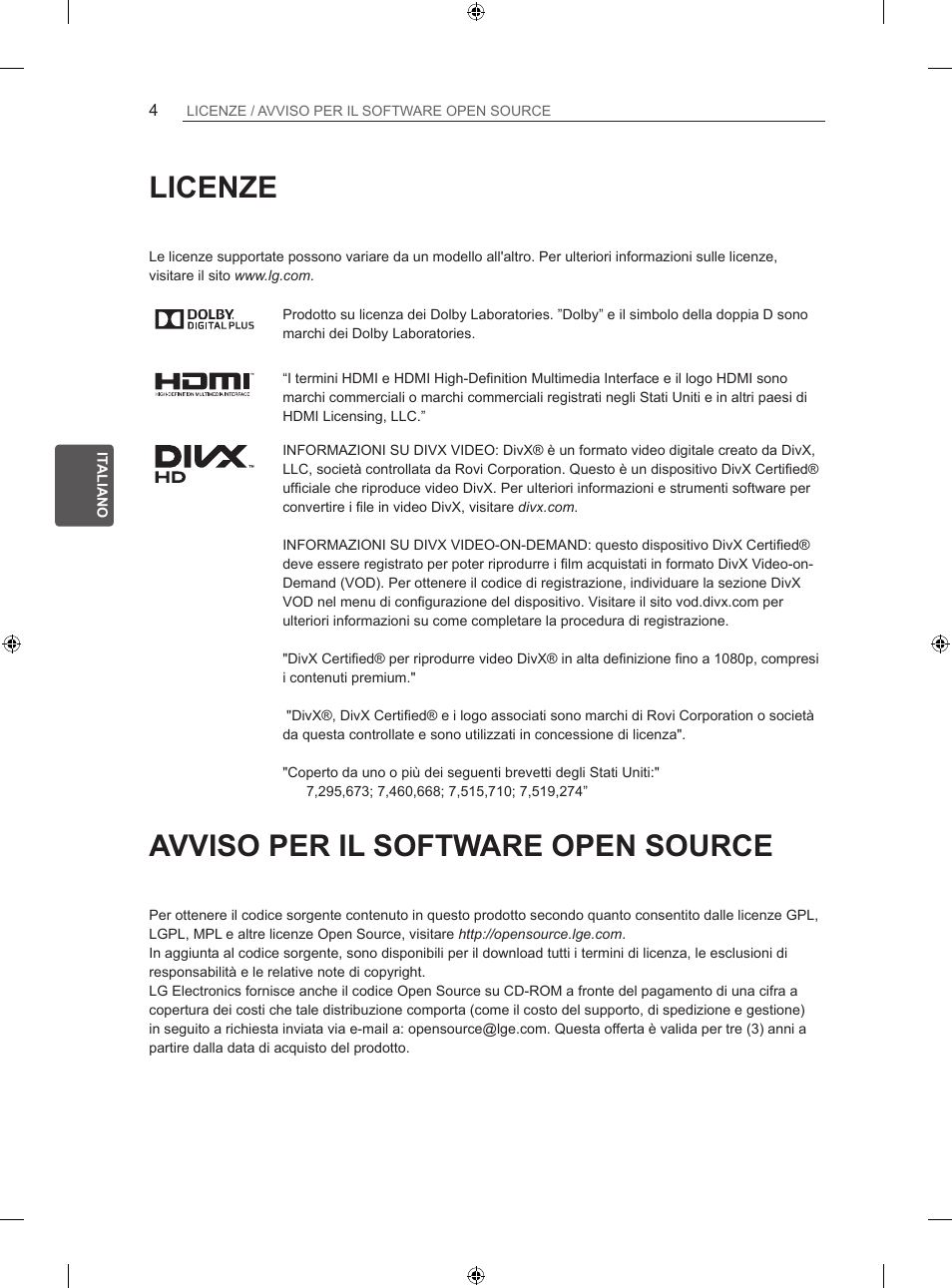 Licenze, Avviso per il software open source | LG 42LN5406 User Manual | Page 106 / 256
