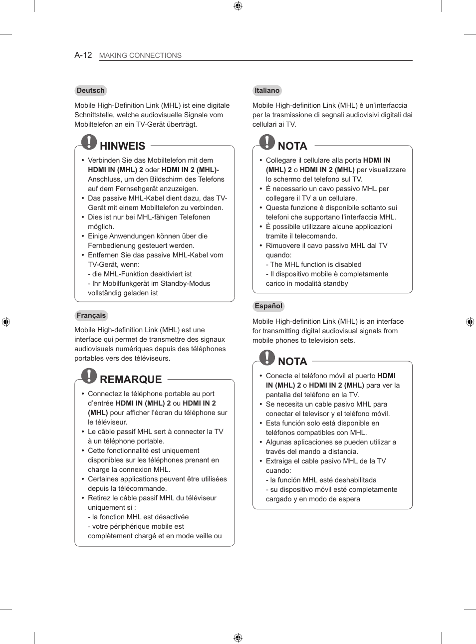 Hinweis, Remarque, Nota | LG 42LN5406 User Manual | Page 12 / 256