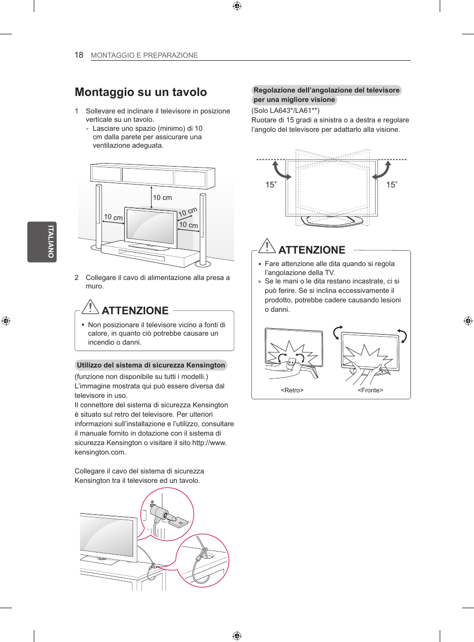 Montaggio su un tavolo, Attenzione | LG 42LN5406 User Manual | Page 120 / 256