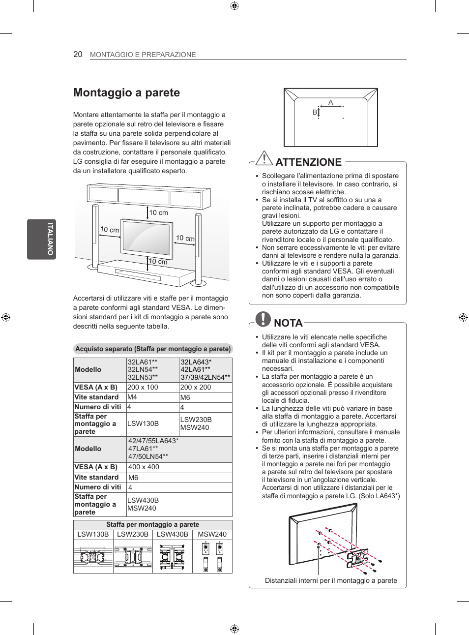 Montaggio a parete, Attenzione, Nota | LG 42LN5406 User Manual | Page 122 / 256