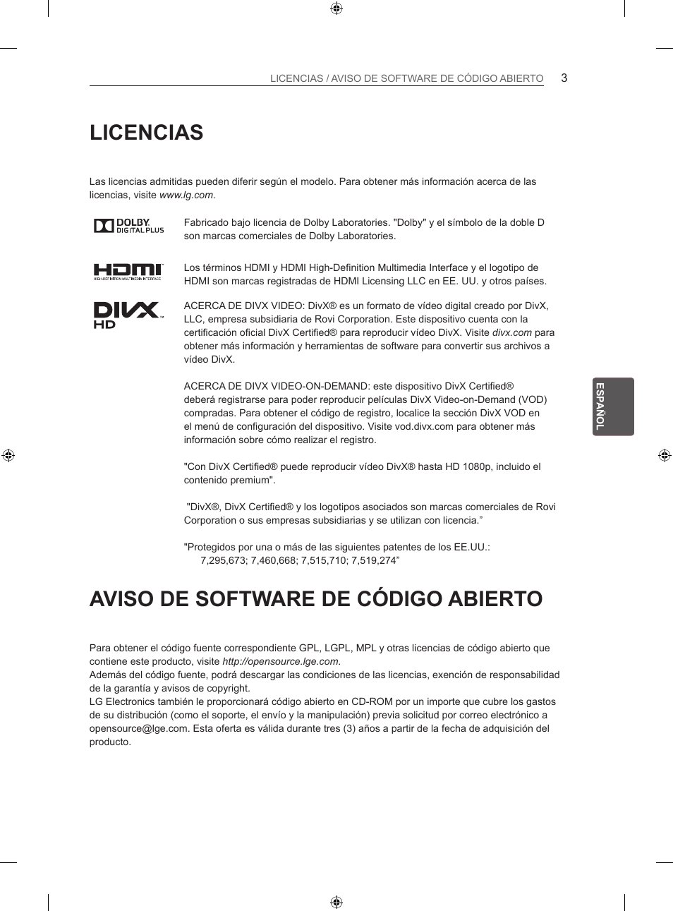 Licencias, Aviso de software de código abierto | LG 42LN5406 User Manual | Page 131 / 256