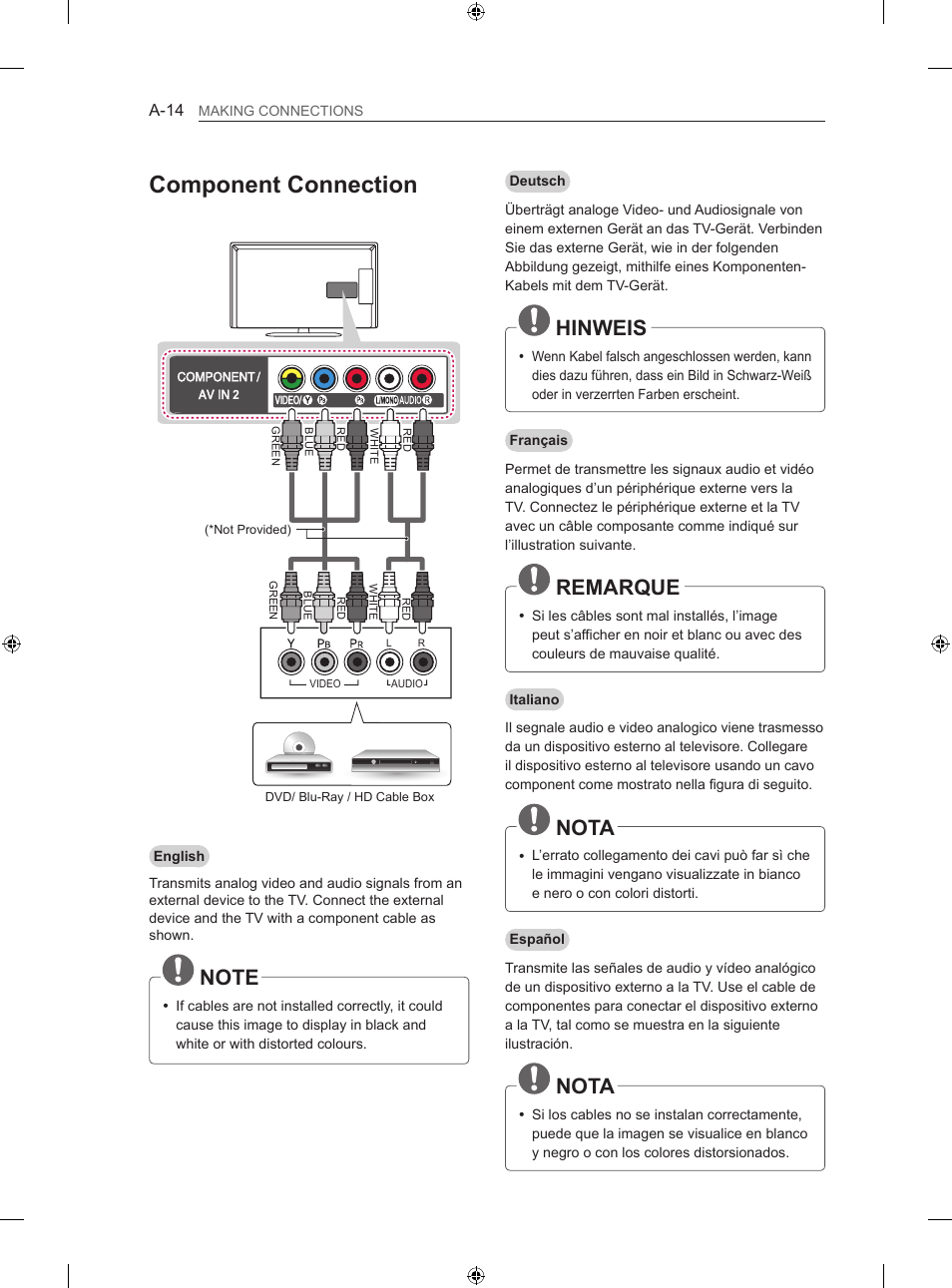 Component connection, Hinweis, Remarque | Nota | LG 42LN5406 User Manual | Page 14 / 256