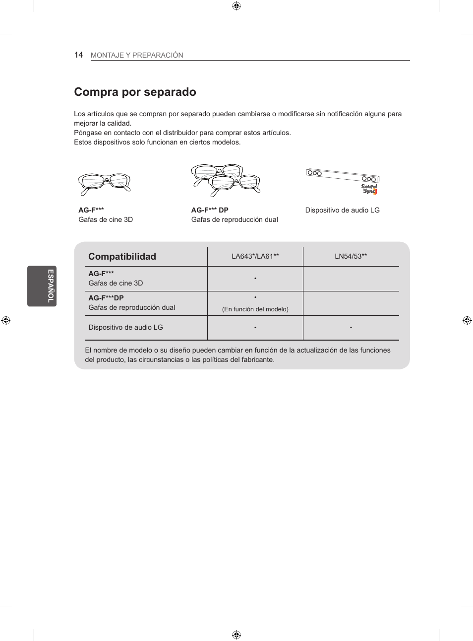 Compra por separado, Compatibilidad | LG 42LN5406 User Manual | Page 142 / 256