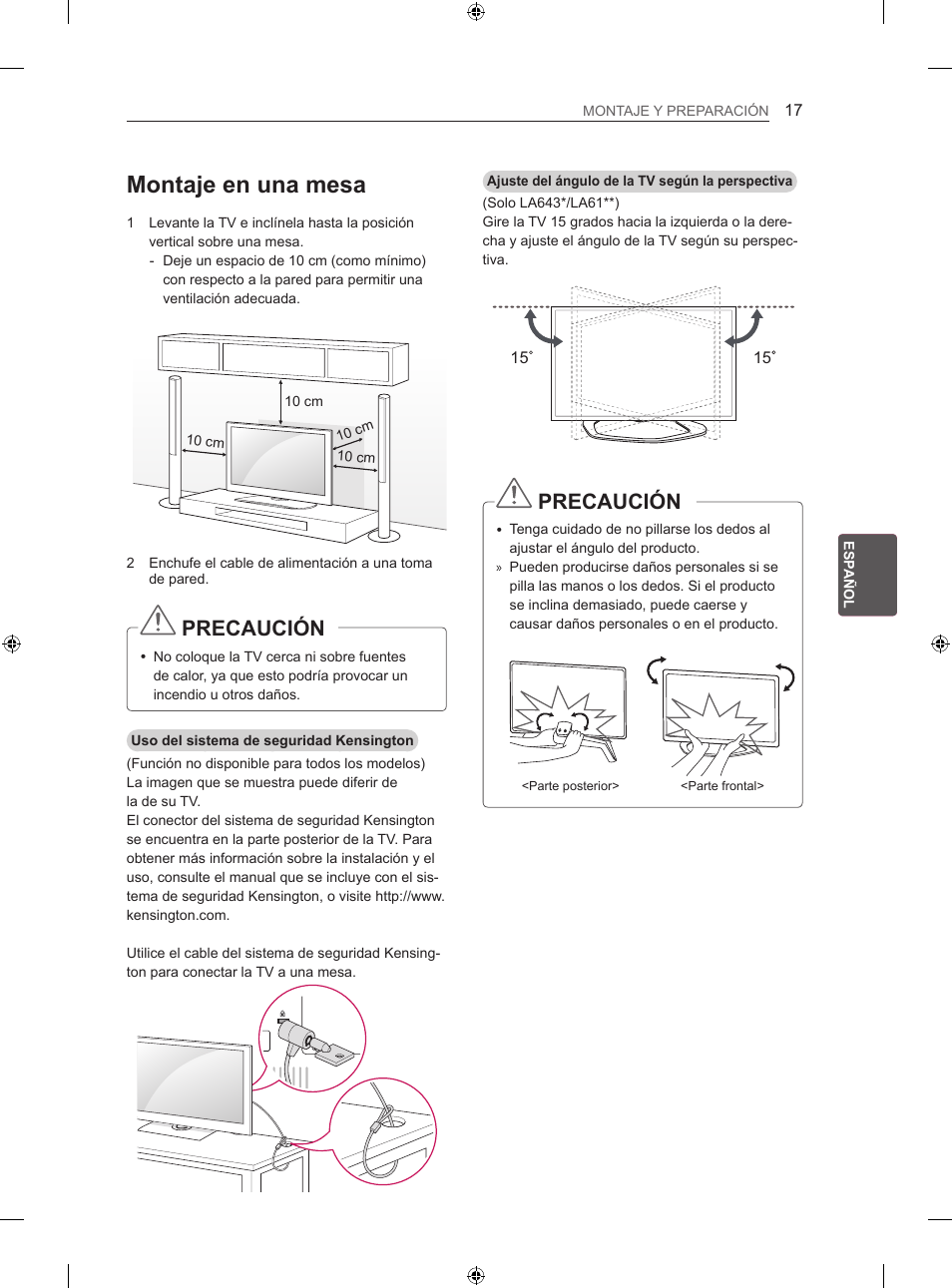 Montaje en una mesa, Precaución | LG 42LN5406 User Manual | Page 145 / 256