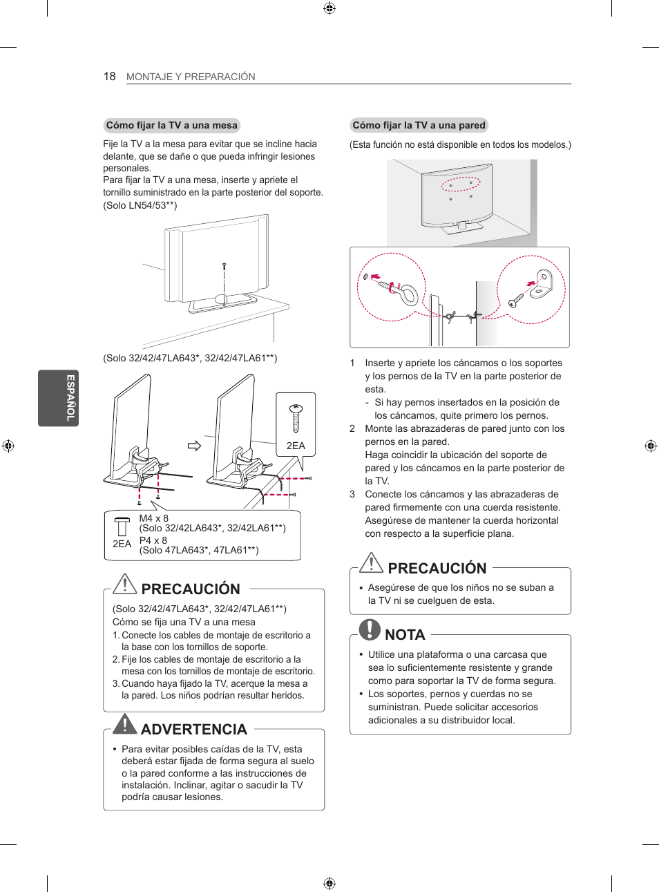 Precaución, Advertencia, Nota | LG 42LN5406 User Manual | Page 146 / 256