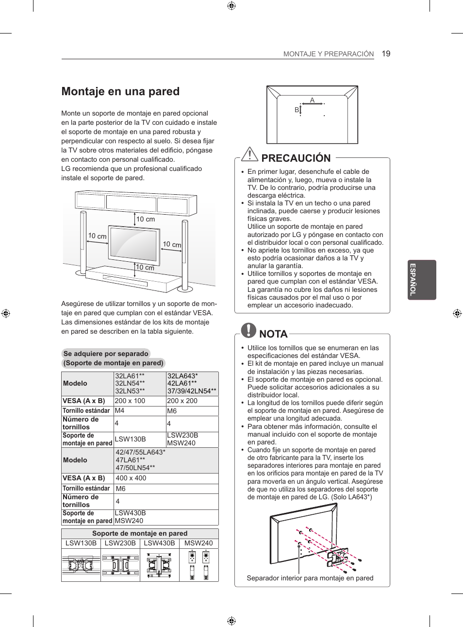 Montaje en una pared, Precaución, Nota | LG 42LN5406 User Manual | Page 147 / 256