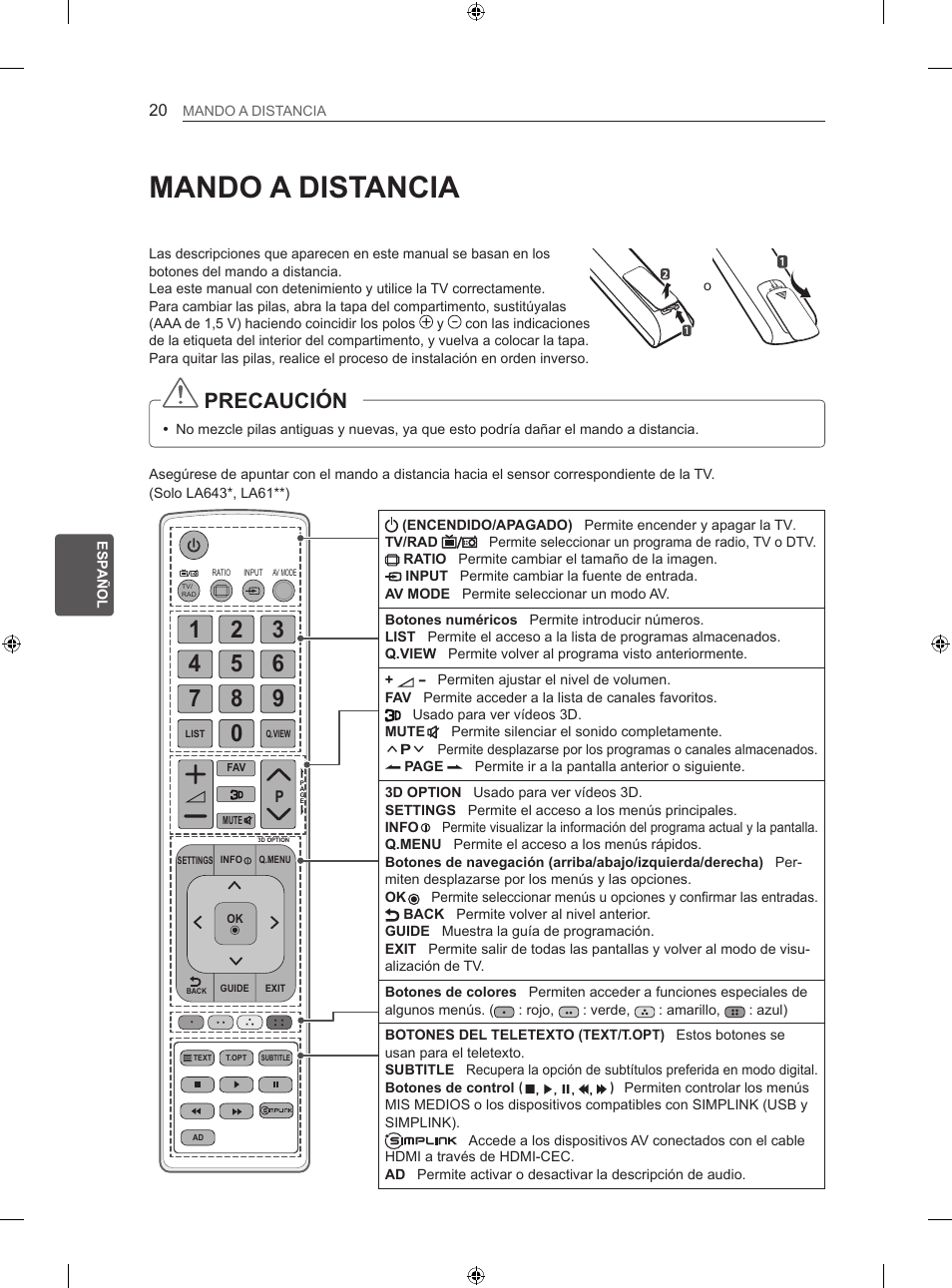 Mando a distancia, Precaución | LG 42LN5406 User Manual | Page 148 / 256