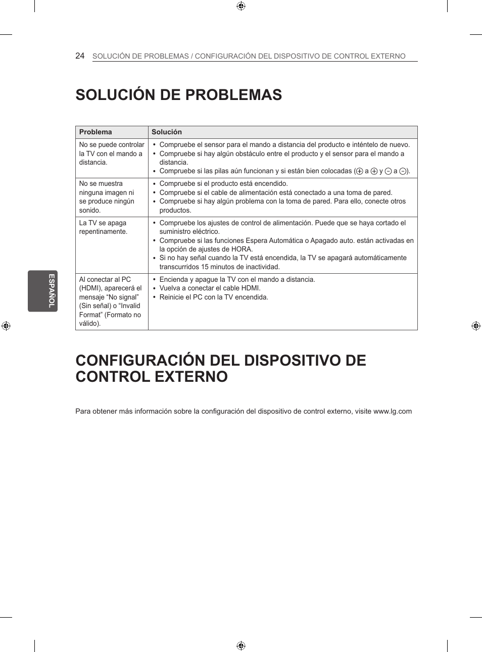 Solución de problemas, Configuración del dispositivo de control externo | LG 42LN5406 User Manual | Page 152 / 256