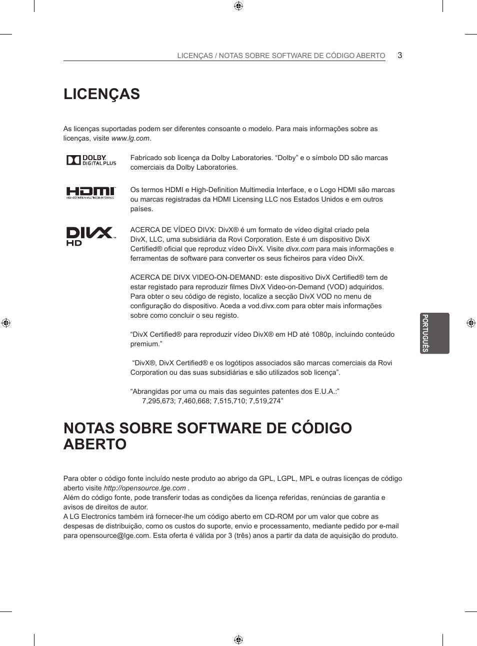 Licenças, Notas sobre software de código aberto | LG 42LN5406 User Manual | Page 155 / 256