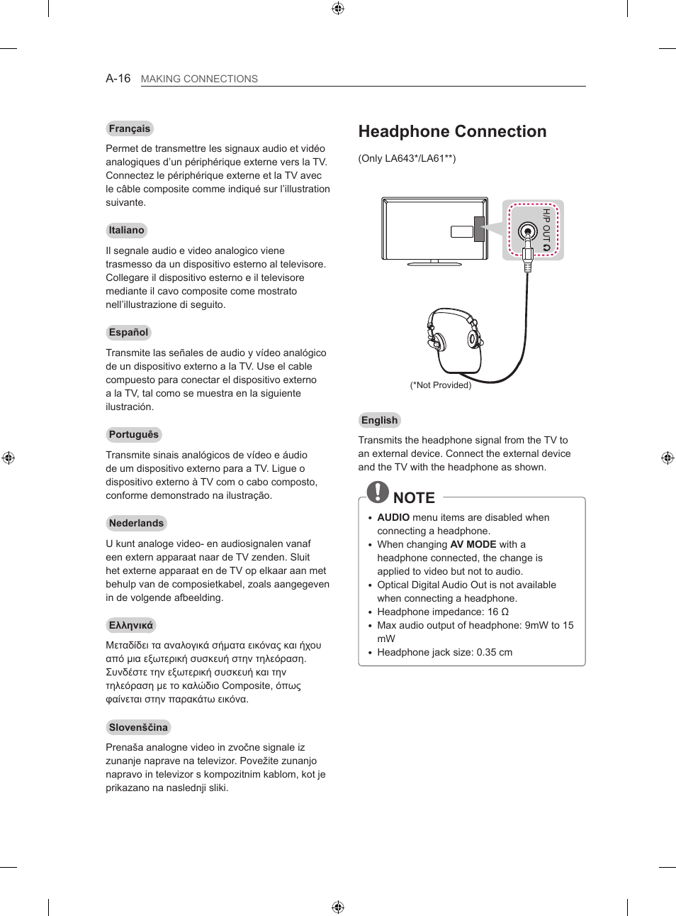 Headphone connection | LG 42LN5406 User Manual | Page 16 / 256
