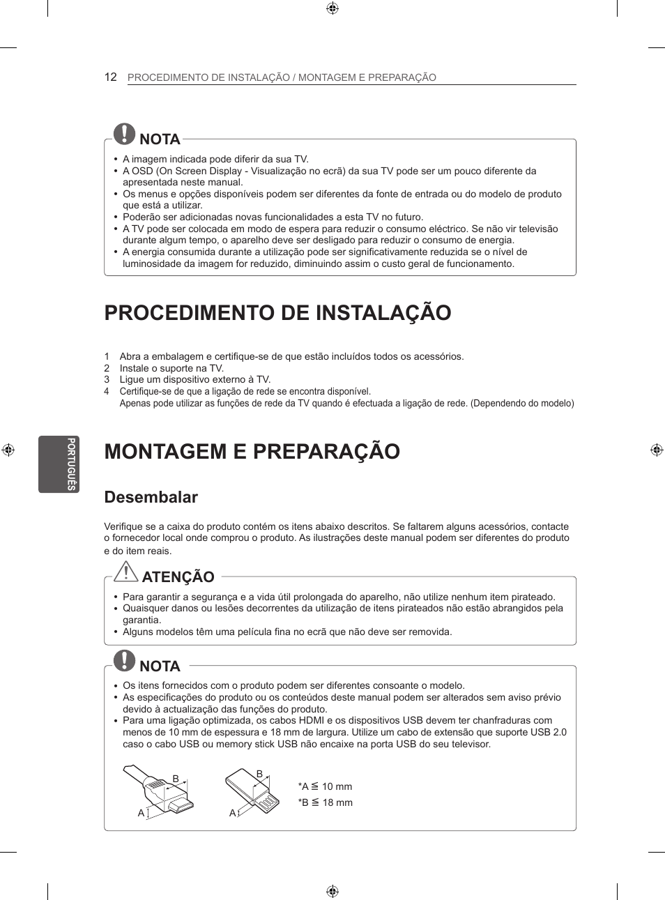 Procedimento de instalação, Montagem e preparação, Desembalar | Nota, Atenção | LG 42LN5406 User Manual | Page 164 / 256
