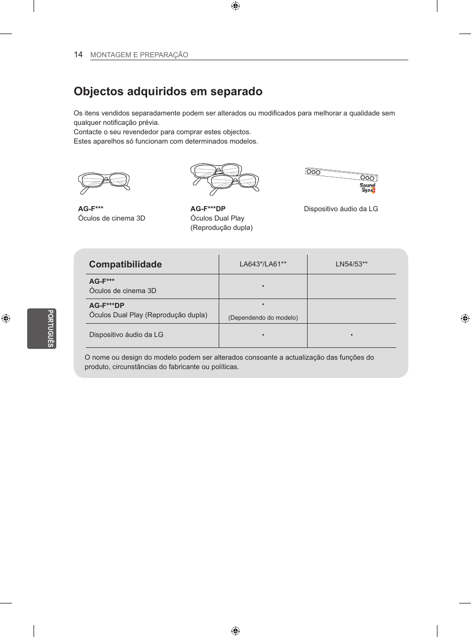 Objectos adquiridos em separado, Compatibilidade | LG 42LN5406 User Manual | Page 166 / 256
