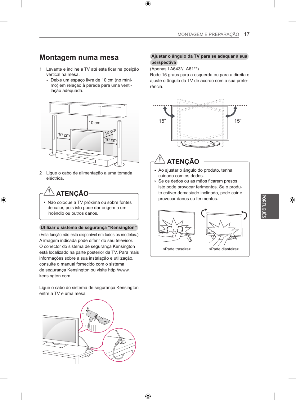 Montagem numa mesa, Atenção | LG 42LN5406 User Manual | Page 169 / 256