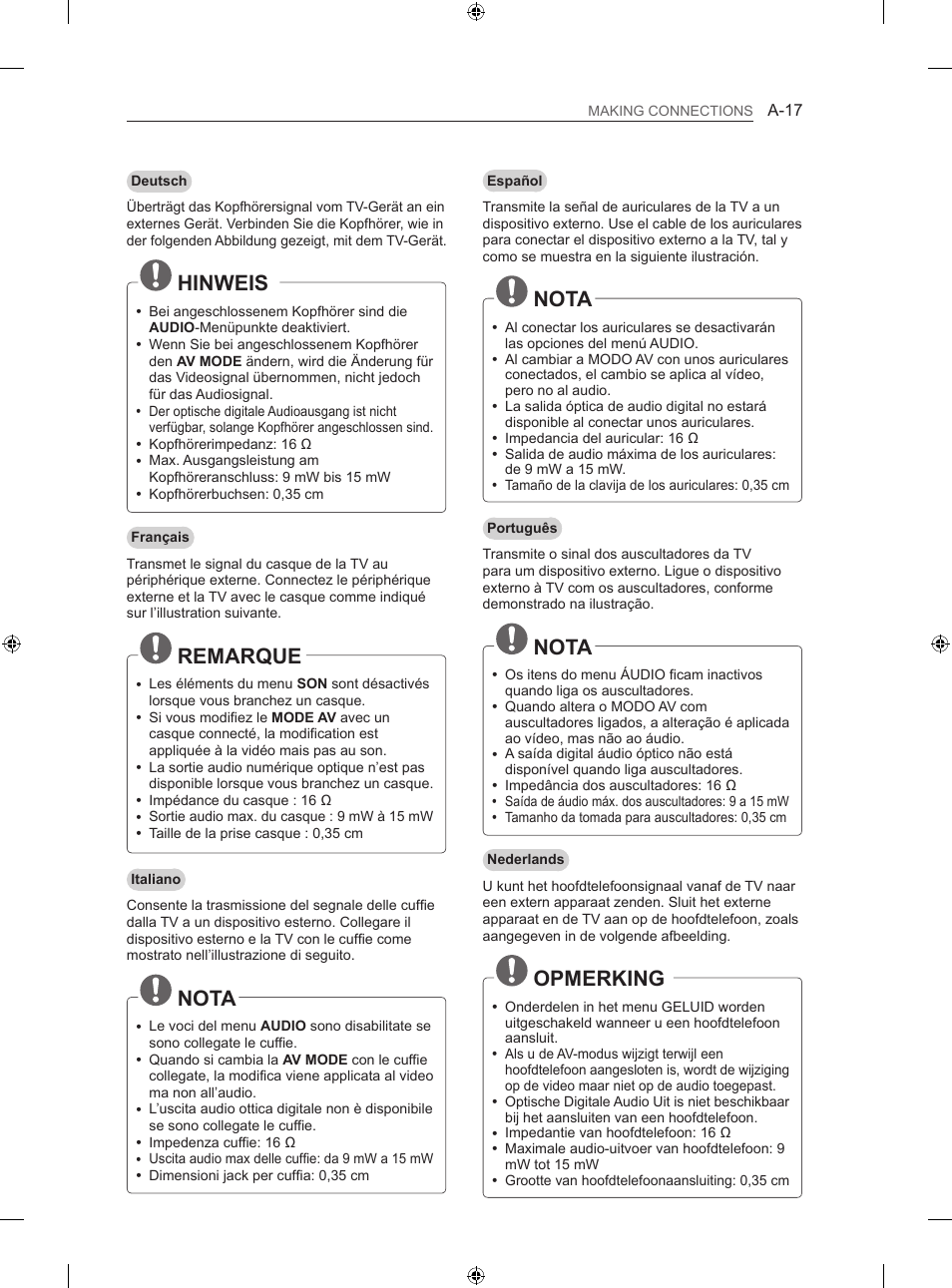 Hinweis, Remarque, Nota | Opmerking | LG 42LN5406 User Manual | Page 17 / 256