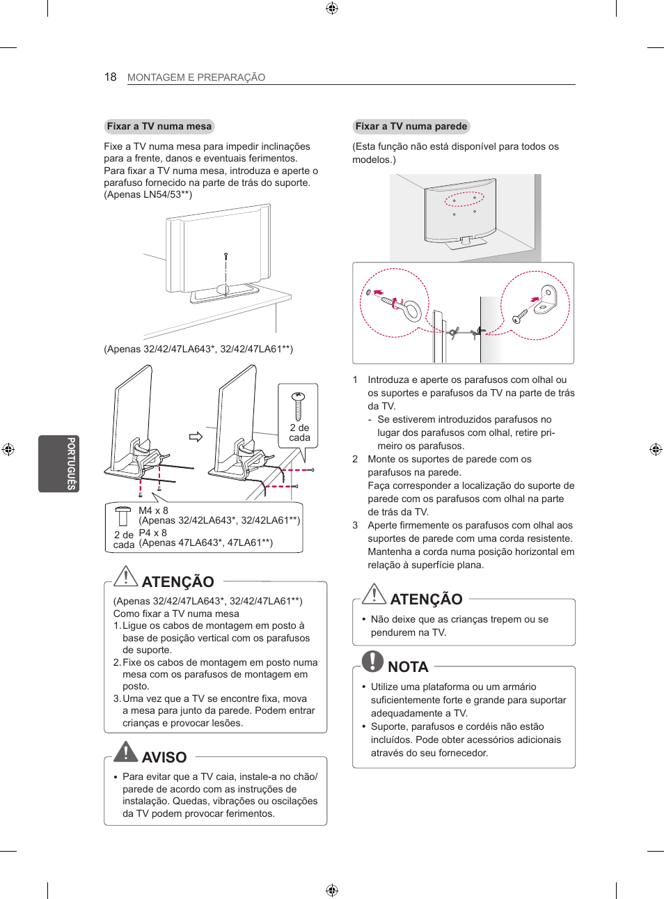 Atenção, Aviso, Nota | LG 42LN5406 User Manual | Page 170 / 256