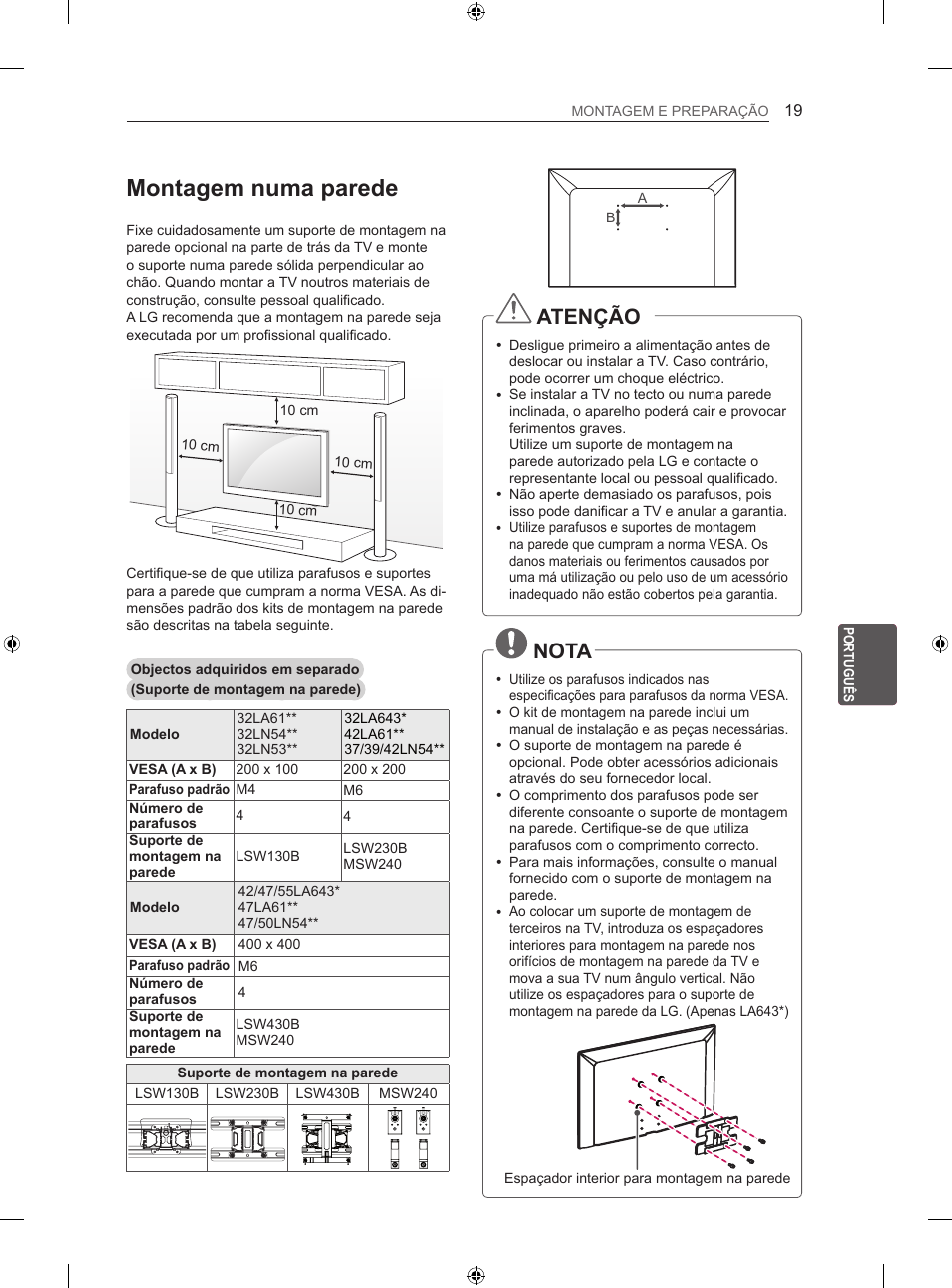 Montagem numa parede, Atenção, Nota | LG 42LN5406 User Manual | Page 171 / 256